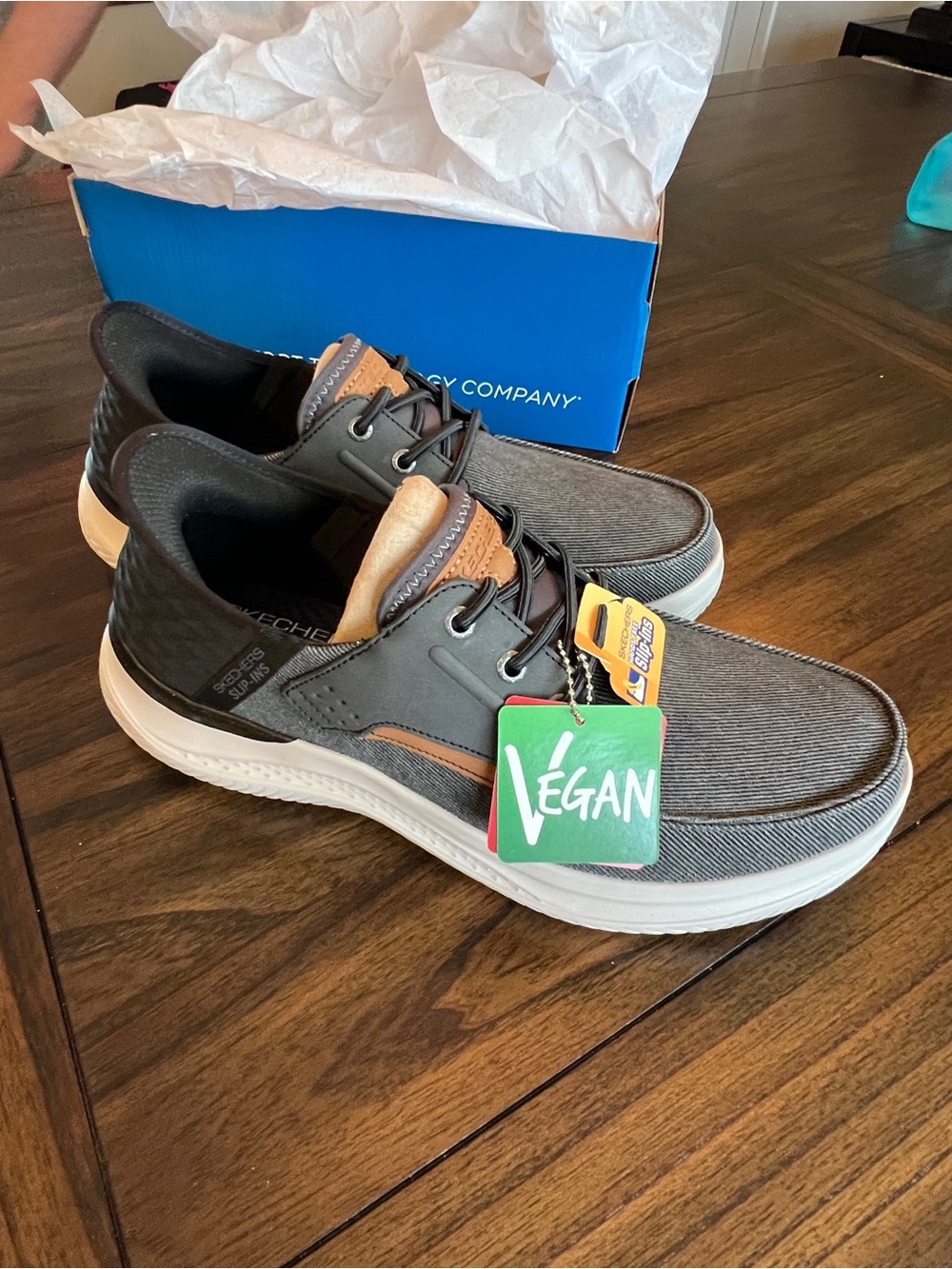 Skechers Men's Gray and Tan Vegan Casual Lace-Up Sneakers